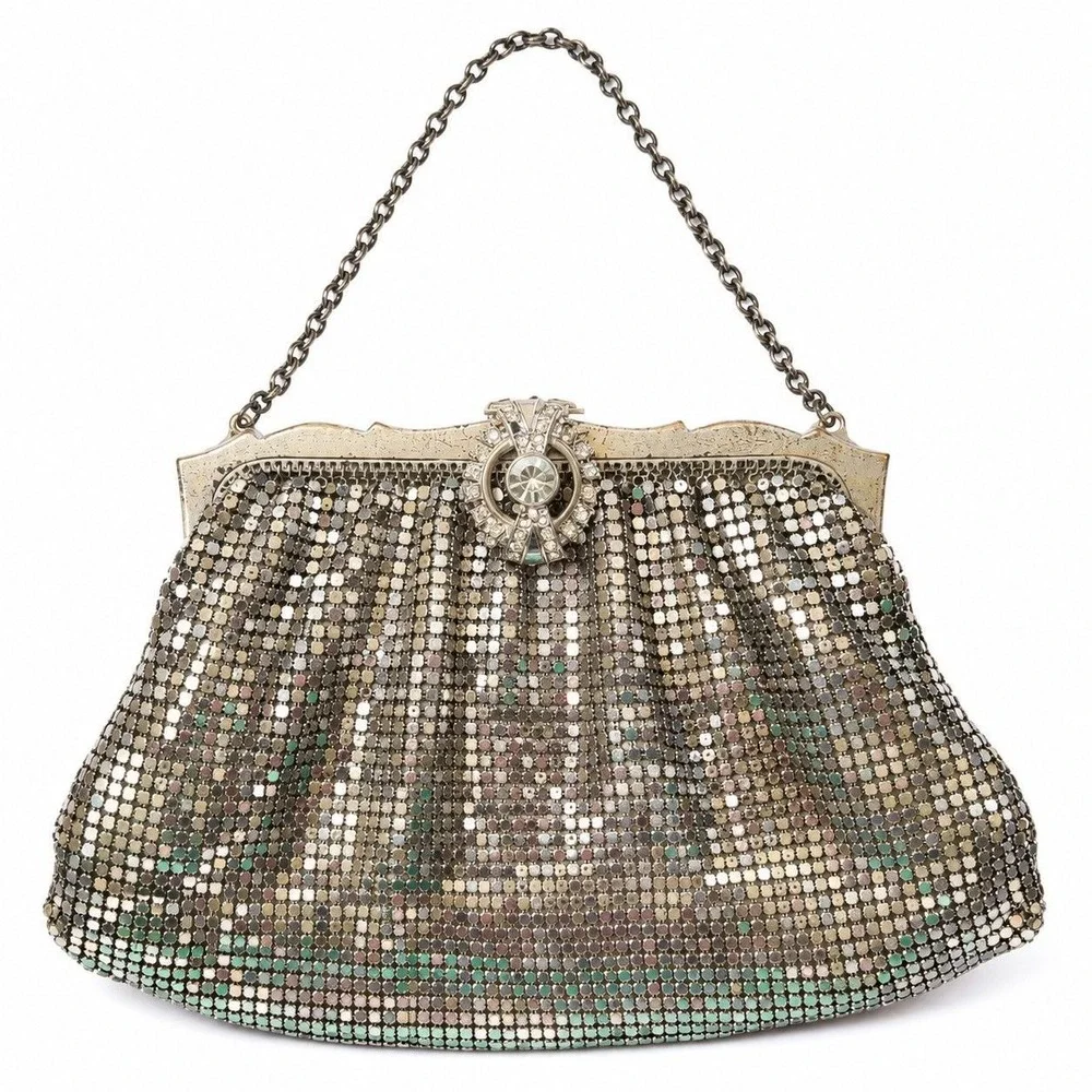 Vintage 1940s Whiting & Davis Silver Mesh Evening Bag Rhinestone Clasp Purse